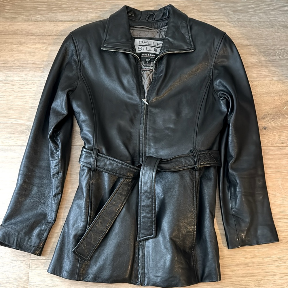 Pelle Studio, Wilson’s Leather Black Mid-Length Jacket with Belt, Small